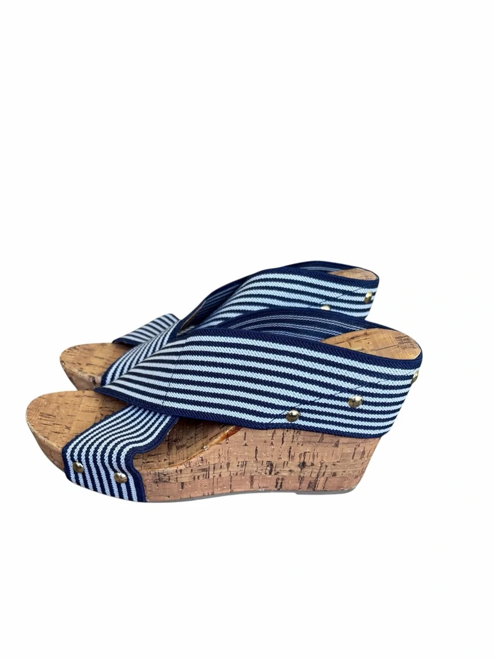 Charming Charlie Blue and White Fabric Cork Platform Wedge Sandals